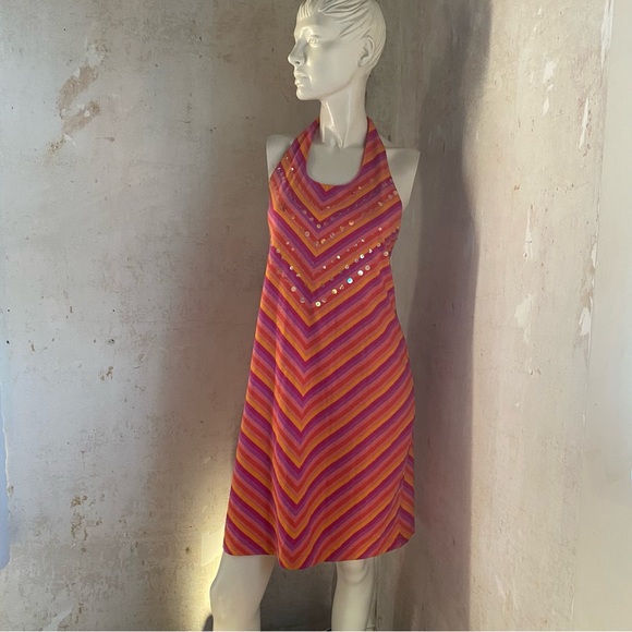 Giorgio Fiorelli Dresses & Skirts - Halter Sequin Dress Orange Purple Peach Gold Tie